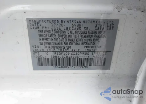 2021 Nissan Sentra S Xtronic Cvt z USA, uszkodzony, nr VIN 3N1AB8BV2MY227694